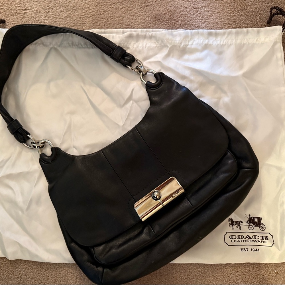 Coach Black Leather Shoulder Bag with Silver Accents